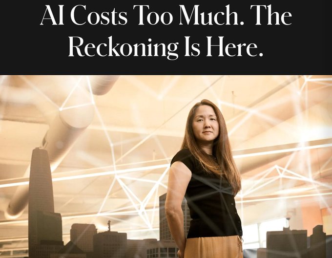 A headline reads "AI Costs Too Much. The Reckoning Is Here." above a photo of a woman standing in front of a digital network cityscape overlay.