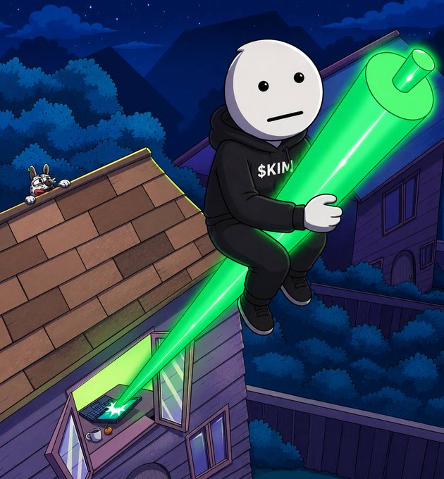 A cartoon figure in a hoodie labeled "$KIMI" rides a giant glowing green laser beam shooting out from a laptop on a rooftop at night, symbolizing an underdog crypto token blasting off into the sky despite a humble, unnoticed launch. The image visually captures the post's message of a project "going live" on CoinGecko and CMC while flying under the radar—"no recognition, but still growing."