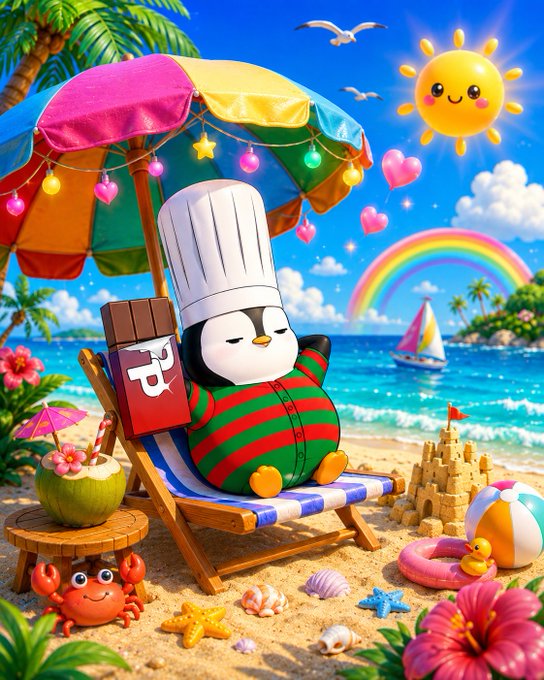 Vibrant, cartoon-style illustration of a chubby penguin wearing a chef's hat and red-green striped outfit, relaxing on a beach chair under a colorful umbrella, holding a chocolate bar, with a smiling sun, rainbow, and tropical scenery in the background.