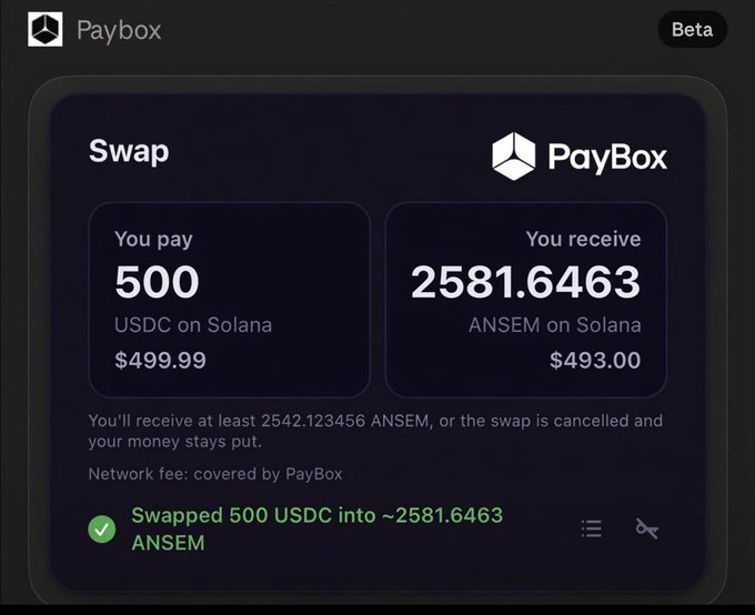 A screenshot of the PayBox app (Beta) showing a completed swap of 500 USDC on Solana into 2581.6463 ANSEM on Solana, illustrating the post's point that users can easily purchase $ANSEM through PayBox's chat-based DeFi interface partnered with MoonPay.
