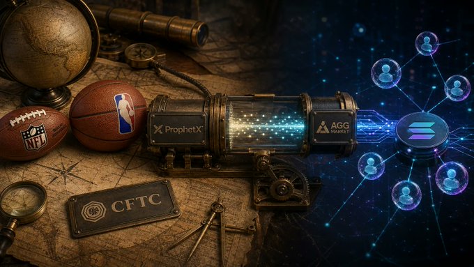 A promotional graphic featuring steampunk and digital imagery, showing a glowing futuristic device labeled 'ProphetX' connecting to 'AGG WALLETS', alongside NFL and NBA basketballs, a globe, and a 'CFTC' plaque, with a Solana logo and connected user nodes on the right.