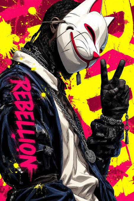 A stylized illustration of a figure wearing a white fox mask and a dark jacket with chains, making a peace sign, with the word 'REBELLION' in pink text against a yellow and red splatter background.