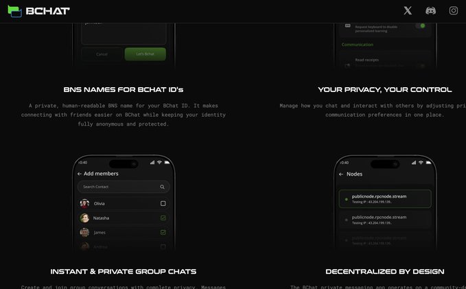 Marketing page for BCHAT showing mobile app screenshots with features including 'BNS NAMES FOR BCHAT ID'S', 'YOUR PRIVACY, YOUR CONTROL', 'INSTANT & PRIVATE GROUP CHATS', and 'DECENTRALIZED BY DESIGN'.