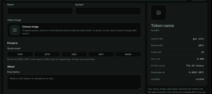 A token creation form on HyperSwap displaying fields for Name, Symbol, Token image, quote asset options (HYPE, UETH, USDC, UBTC, XAUTO), and description, with the right panel showing the token details including a 1% trade fee, 0.0855 UBTC graduation point, and 793.1M tokens on the curve. The form illustrates the straightforward deployment process for launching a new meme token on HyperEVM, supporting the post's praise for the developer shipping a user-friendly launchpad.