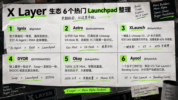 The image is an infographic titled "X Layer 生态 6 个热门 Launchpad 整理" (X Layer Ecosystem: 6 Popular Launchpads Roundup) that highlights six crypto launchpad projects: **Ignix** (@ignixbot, AI Agent/RWA Launchpad), **Astro** (@astrodotmeme, Fair Mint/V4 Hook), **XLaunch** (@xlaunchfun, One-click launch with V3/60% fees), **DYOR** (@DYORSWAPDEX, Swap/Launchpad/$XDOG), **Okay** (@okaydotfun, 100% fair Mint/Meme culture), and **Ayoo!** (@Ayooclub, V3/Fair Launch/Bonding Curve). The graphic aligns with the accompanying post, promoting these launchpad opportunities on the X Layer blockchain for early builders seeking alpha in the on-chain space.