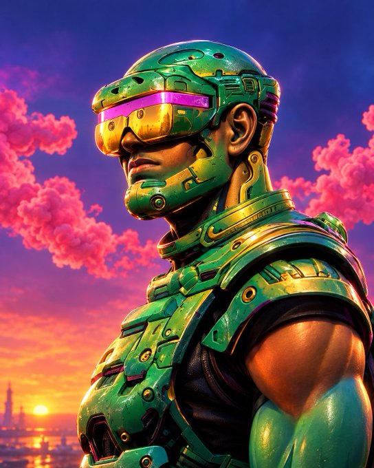 A detailed digital portrait of a muscular cyborg warrior wearing green futuristic armor and a purple-visored helmet, set against a vibrant pink and orange sunset sky with fluffy clouds.