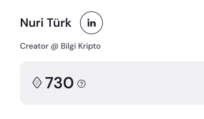Nuri Türk, Creator at Bilgi Kripto, displays 730 points (likely Arc tokens) on the Arc House platform alongside his LinkedIn profile. The image illustrates his progress milestone referenced in the post, where he details contributions including designing a game at arcrock.xyz on the Arc testnet while working toward the Architect role.