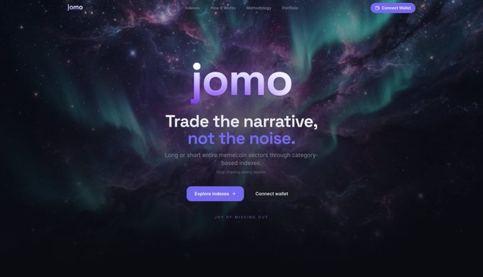 Website hero section for 'jomo' cryptocurrency platform with tagline 'Trade the narrative, not the noise' featuring long/short memecoin sector indexes, set against a purple cosmic background.