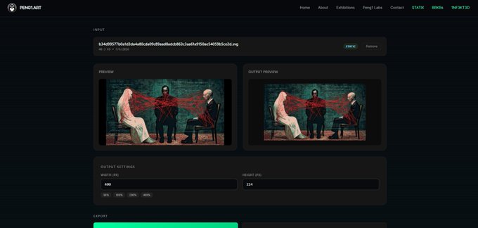 A dark-themed web interface for 'PENDGART' showing a tool with input/output preview images depicting three figures connected by red lines, with export settings at the bottom.