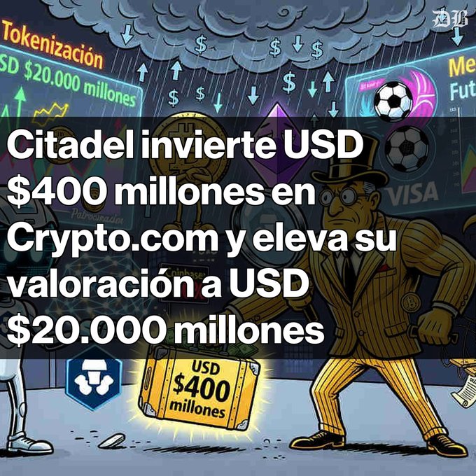 A graphic with Spanish text reading 'Citadel invierte USD $400 millones en Crypto.com y eleva su valoración a USD $20.000 millones' overlaid on a crypto and finance-themed background with cartoon characters.