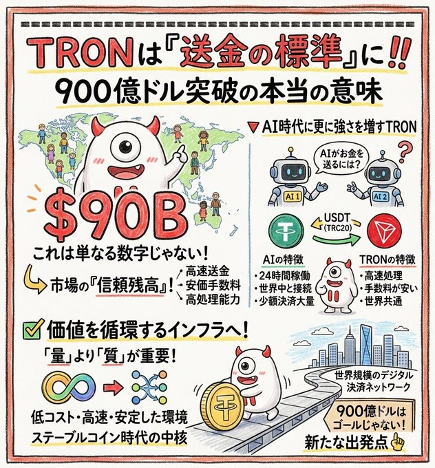 A Japanese-language promotional infographic announces that TRON has become the "Standard for Transfers" following its $90 billion (900億ドル) milestone, highlighting its role in USDT (TRC20) circulation and positioning the network as low-cost, high-speed infrastructure for the stablecoin era.