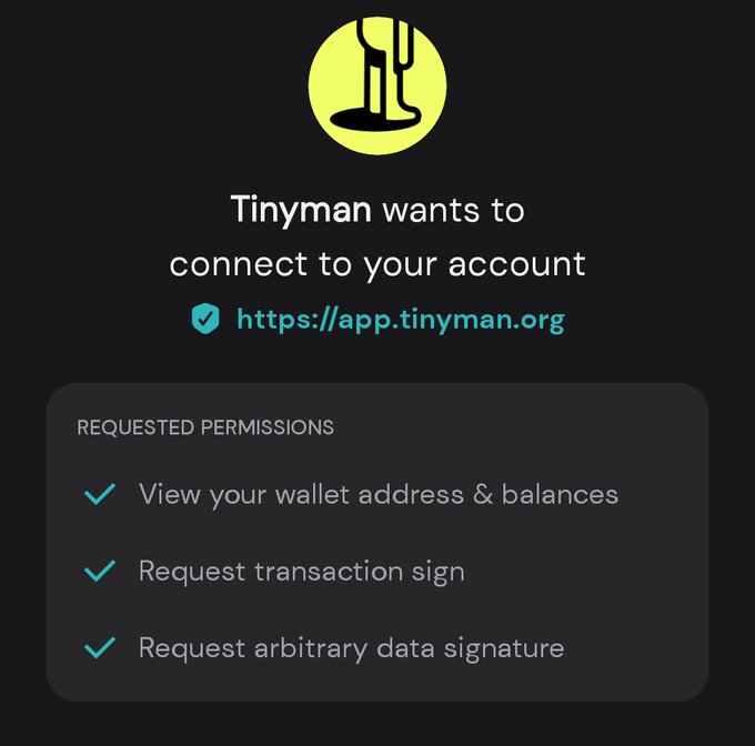 A wallet connection screen showing 'Tinyman wants to connect to your account' at https://app.tinyman.org, requesting permissions to view wallet address & balances, request transaction sign, and request arbitrary data signature.