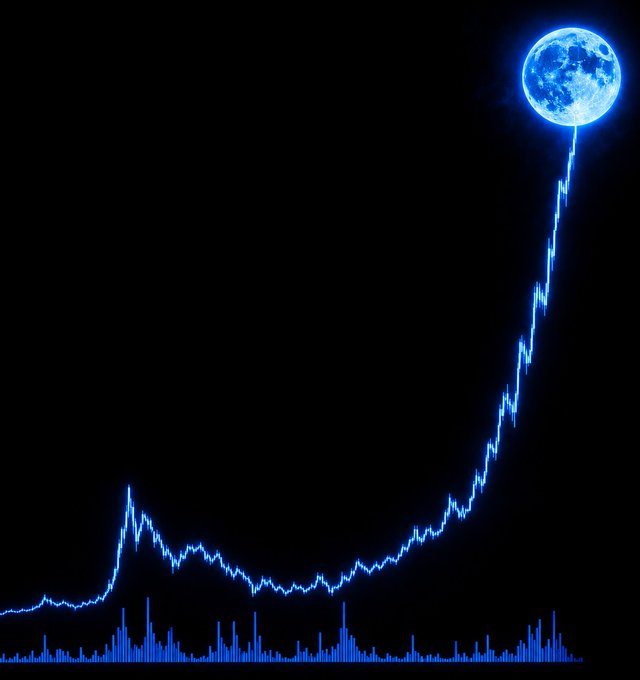 A stylized blue neon stock/crypto price chart on a black background showing a parabolic upward trend ending in a glowing blue moon/sphere, with volume bars at the bottom.