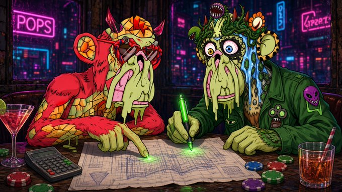 Two grotesque, monstrous figures sit at a neon-lit bar drawing blueprints on paper with a glowing green pen, surrounded by cocktails and poker chips, with "POPS" and "CREEP" signs glowing in the background — visually pairing with the caption about "calculating fun times to come" by depicting the planning phase of a mischievous scheme alongside @dropgenius.