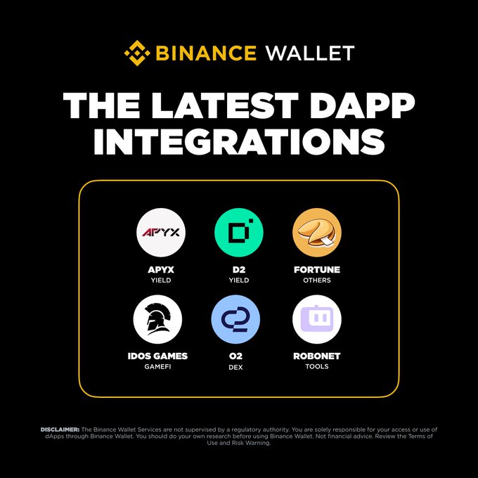 The image features a poster or advertisement for a new integration between Bitcoin wallet and six different video game platforms. The main focus of the image is a white circle with a green "I" inside, surrounded by various logos representing popular gaming platforms such as "Apxx", "DZX", "F Fortune", "Stratos", "Robonet", and "TOOLS". The text on the poster reads: "The Latest Dapp Integrations", indicating that this integration allows users to seamlessly play games from these platforms using their Bitcoin wallet.