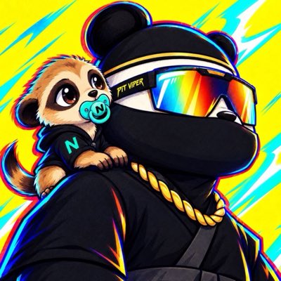 Digital artwork of a bear dressed in a black tactical outfit with sunglasses, holding a meerkat with a pacifier, in a 'Fit Viper' branded style.