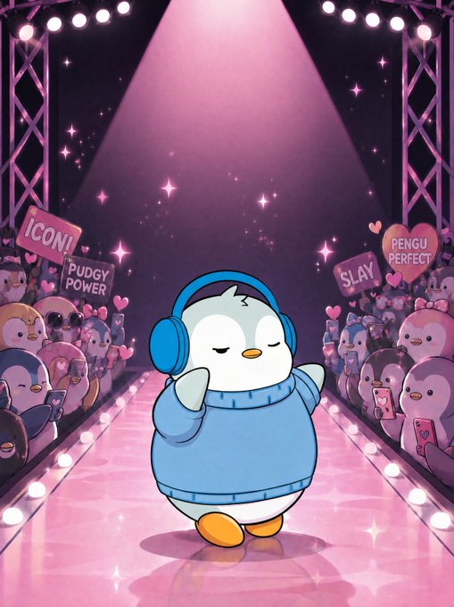 An illustration of a chubby penguin character wearing blue headphones and a sweater, walking down a runway under a spotlight with a crowd holding signs reading 'ICON!', 'PUDGY POWER', 'SLAY', and 'PENGU PERFECT'.