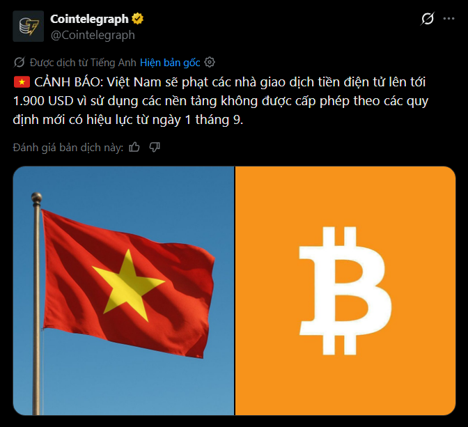 A Cointelegraph tweet in Vietnamese warns that Vietnam will fine cryptocurrency exchanges up to 1,900 USD for using unlicensed platforms, effective September 1, accompanied by an image of the Vietnamese flag and Bitcoin logo.