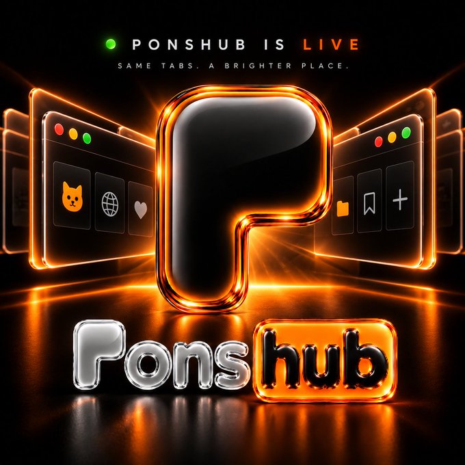 Promotional graphic announcing 'PONSHUB IS LIVE' with tagline 'SAME TABS. A BRIGHTER PLACE,' featuring a glowing 'P' logo, browser tab interfaces, and the stylized 'Ponshub' wordmark.