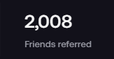 The image displays a stat reading "2,008 Friends referred," aligning with the poster's return from Europe and renewed focus on content creation and on-chain earnings, suggesting their referral network is a key part of their growth strategy.