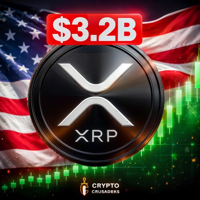 A promotional graphic shows a large XRP coin against an American flag backdrop with a '$3.2B' banner and 'CRYPTO CRUSADES' logo.