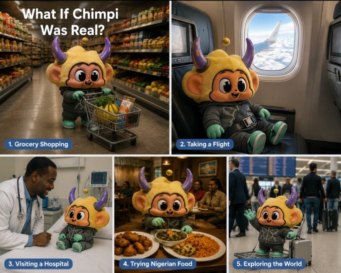 A collage titled 'What If Chimpi Was Real?' showing the cartoon character in five scenarios: '1. Grocery Shopping', '2. Taking a Flight', '3. Visiting a Hospital', '4. Trying Nigerian Food', and '5. Exploring the World'.