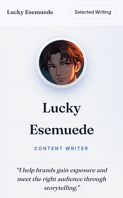 A profile card for 'Lucky Esemuede', a Content Writer with the tagline 'I help brands gain exposure and meet the right audience through storytelling.'