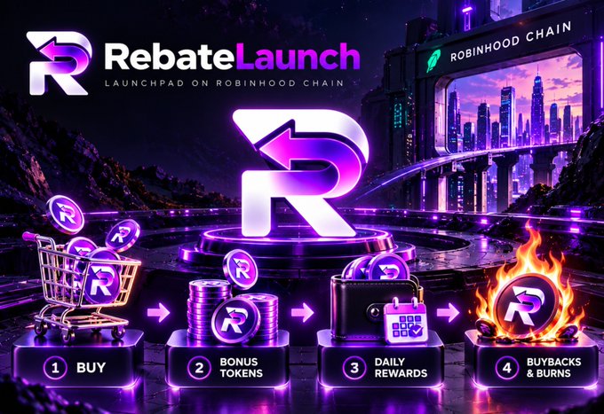 A vibrant purple and neon promotional graphic for 'RebateLaunch,' a launchpad on the Robinhood Chain, illustrating a four-step process: 1) Buy, 2) Bonus Tokens, 3) Daily Rewards, 4) Buybacks & Burns.
