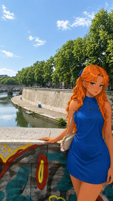 An anime-style illustration of a girl with long orange hair wearing a blue dress, standing by a riverside with a graffiti-covered wall and trees in the background.
