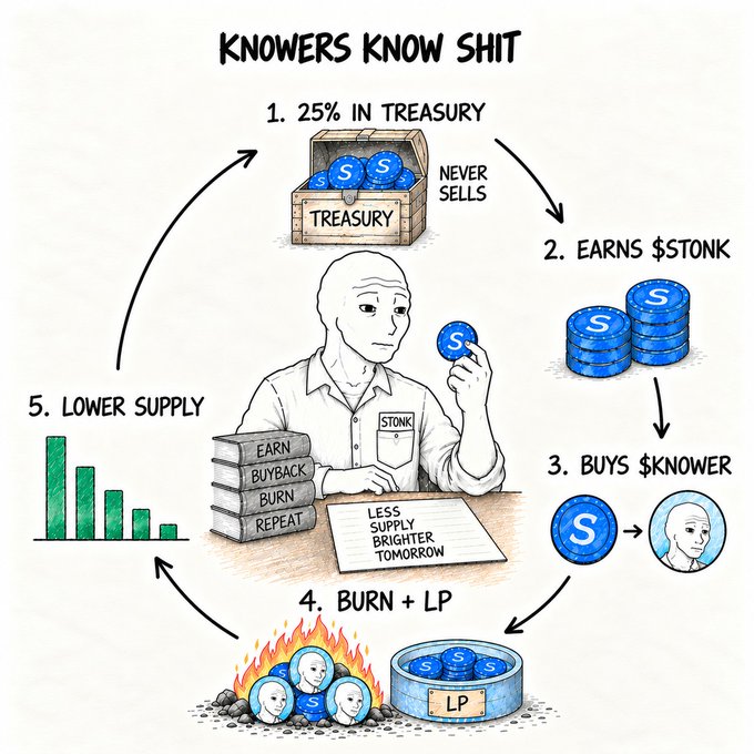 An illustrated diagram titled 'KNOWERS KNOW SHIT' showing a 5-step cycle of tokenomics with a Wojak character, involving a treasury, $STONK, $KNOWER, burning, and liquidity pooling.