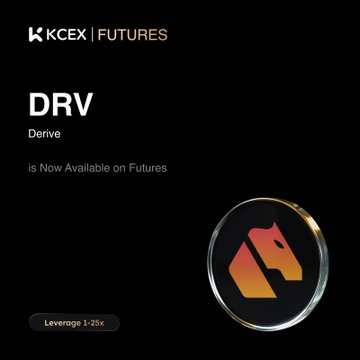 A KCEX Futures announcement for DRV (Derive) token, now available on futures with 1-25x leverage.