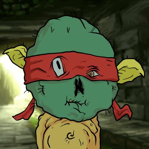 A cartoon illustration of a green-skinned zombie-like character wearing a red headband with one large eye visible, set against a stone dungeon background.