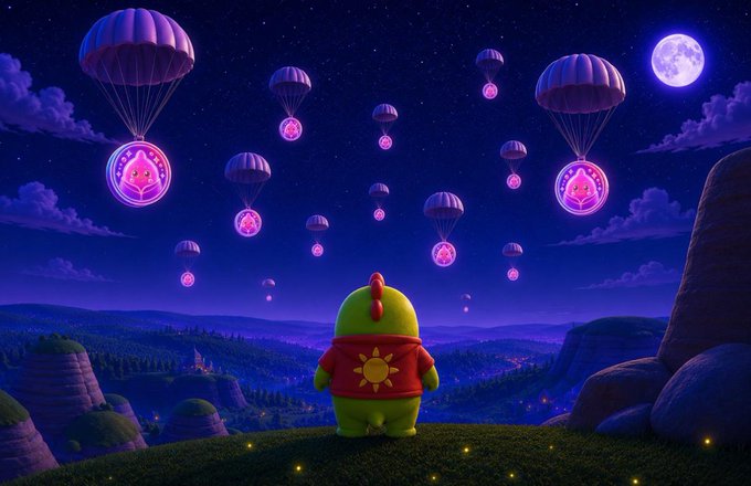 A green dinosaur-like character wearing a red shirt with a yellow sun emblem stands on a grassy hill, watching numerous parachutes with pink leaf emblems descend from a starry night sky under a full moon.