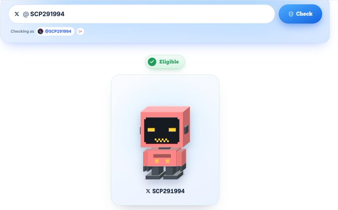 A Twitter/X eligibility check interface for the handle @SCP291994, displaying a pink voxel robot NFT character marked as 'Eligible' with green checkmark.