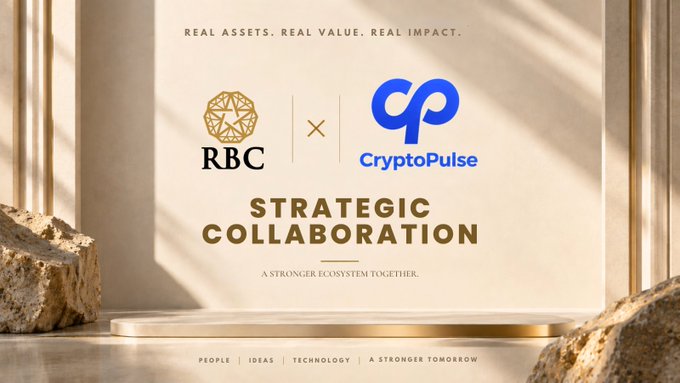 A sleek promotional graphic displaying "REAL ASSETS. REAL VALUE. REAL IMPACT." at the top, featuring the RBC and CryptoPulse logos alongside an "×" symbol, with "STRATEGIC COLLABORATION" and "A STRONGER ECOSYSTEM TOGETHER." text centered on an elegant beige pedestal stage. The image visually reinforces the announced partnership between RBC Group and CryptoPulse, highlighting their joint commitment to RWA, digital gold, and DeFi utility ahead of the RBC TGE.
