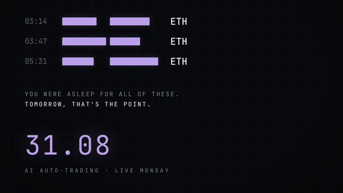 A dark digital display showing timestamps 03:14, 03:47, and 05:31 next to obscured values measured in 'ETH', with text reading 'YOU WERE ASLEEP FOR ALL OF THESE. TOMORROW, THAT'S THE POINT.' and a number '31.08' above 'AI AUTO-TRADING · LIVE MONDAY'.
