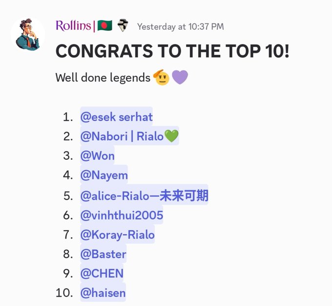 A Discord message from 'Rollins' posted 'Yesterday at 10:37 PM' that reads 'CONGRATS TO THE TOP 10! Well done legends' followed by a numbered list of ten usernames.