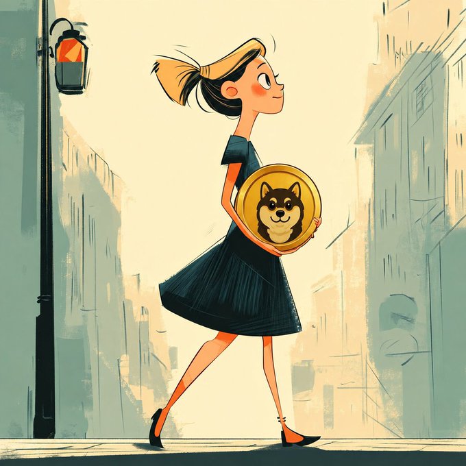 A mid-century style illustration of a woman in a black dress and yellow headscarf walking down a street while holding a gold coin featuring a Shiba Inu dog, representing Dogecoin.