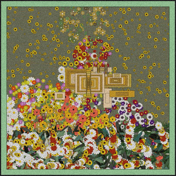 An artwork featuring a field of colorful flowers with a geometric, maze-like design emerging from the center, accented by gold sparkles.
