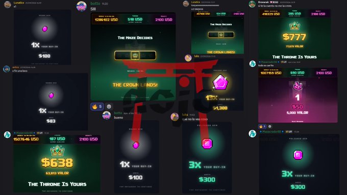 A collage of Telegram-based crypto gambling bot screenshots showing various users winning amounts like 'THE THRONE IS YOURS' with prizes ranging from $777 to $638, with a red 'SCAM' overlay across the center.