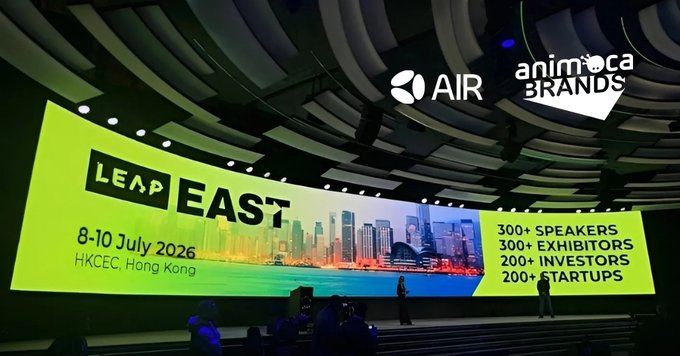 The image shows a large presentation screen at LEAP East (8–10 July 2026, HKCEC, Hong Kong) displaying logos for AIR and Animoca Brands, along with event stats (300+ speakers, 300+ exhibitors, 200+ investors, 200+ startups). It visually announces the partnership between AIR³ and Animoca Brands as mentioned in the accompanying post, confirming their shared booth presence at the conference.