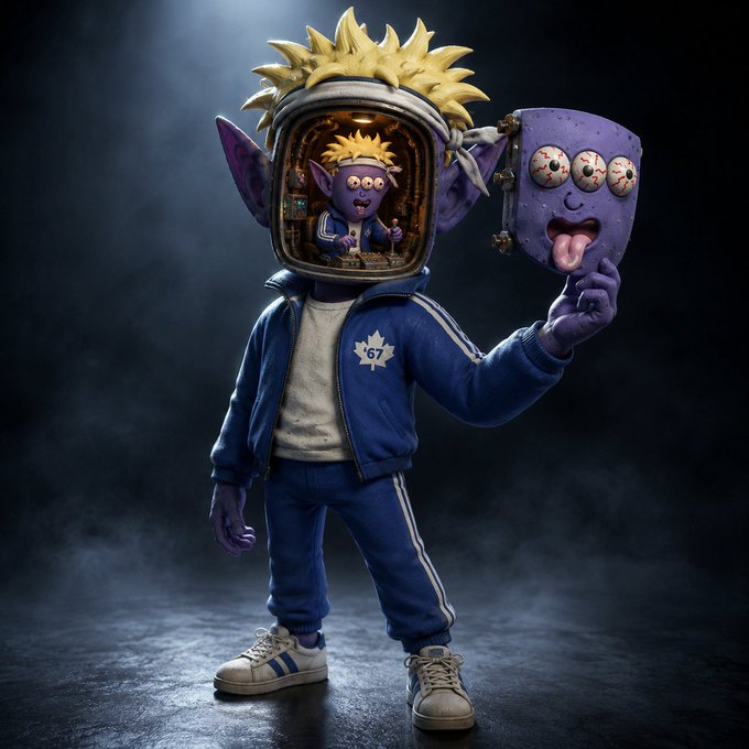 A purple-skinned character wearing a blue tracksuit with '67' on the chest and a transparent astronaut helmet with spiky blonde hair holds up a purple multi-eyed cube-like creature.