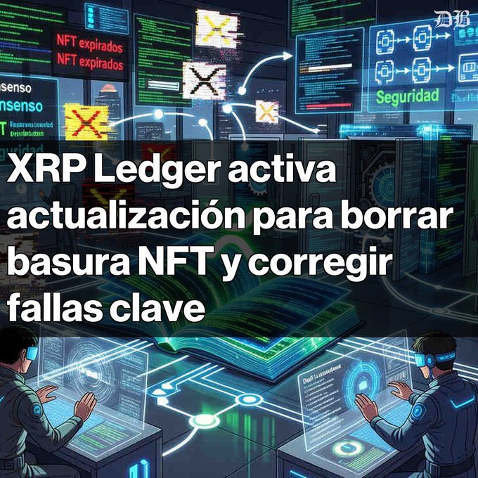 The image shows a man wearing a virtual reality headset, sitting at a desk with a computer screen in front of him. The scene depicts an XRP Ledger activation process that involves multiple people working together. The caption above the image reads "Actualización crítica en XRP Ledger El 27 de mayo de 2026 fixCleanup3_1_3. Eliminará automáticamente ofertas NFT expiradas y corregiará errores en funciones clave como Permissioned Domains and bóvedas". The image is related to the post because it shows a virtual environment where people are working on an XRP Ledger project, which can be seen as a nodal point for exchanging information or data.