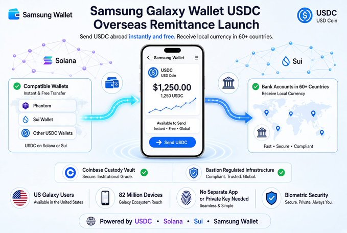 Promotional infographic for Samsung Galaxy Wallet USDC Overseas Remittance Launch, featuring Solana and Sui networks, showing a $1,250.00 USDC balance and compatibility with Phantom and Sui Wallet.