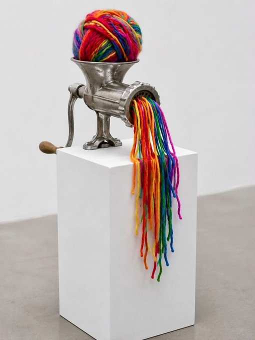 A silver manual meat grinder sits on a white pedestal in an art gallery setting. A colorful ball of rainbow yarn rests in the hopper, with strands of multicolored yarn extruding from the front instead of ground meat.