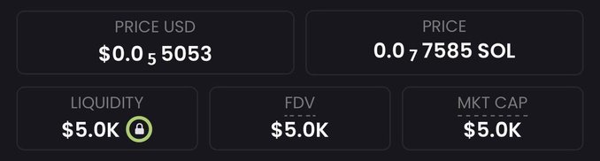 The image shows token statistics with a $5.0K market cap, liquidity, and FDV, with prices listed as $0.0₅5053 USD and 0.0₇7585 SOL. It illustrates the low-cap ($5K) state of the new meme token being promoted in the post, supporting the claim of its early-stage potential before the contract address is shared.