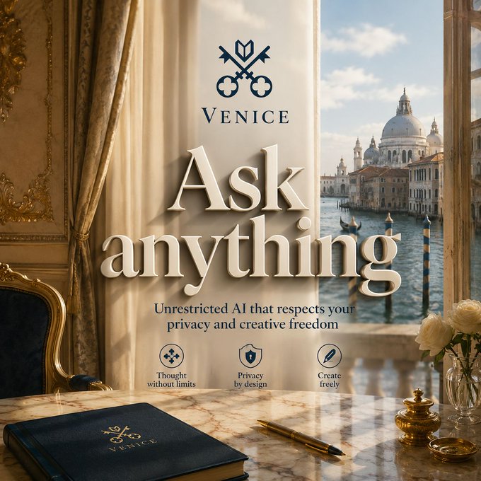 The image features a desk with a book titled "V Venice Ask Anything" open, along with some flowers and a pen nearby. The background shows a view of the Grand Canal in Venice, Italy. The text in the image promotes the idea that asking questions is essential for creative freedom and unrestricted AI that respects your privacy and security.