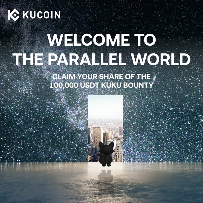 A KuCoin promotional graphic featuring a black cat figurine gazing into a portal that opens to a sunlit cityscape, set against a starry cosmic backdrop. Bold text reads "WELCOME TO THE PARALLEL WORLD" and invites users to "CLAIM YOUR SHARE OF THE 100,000 USDT KUKU BOUNTY," tying into the post's #KuKuUniverse campaign theme of multiverse exploration.