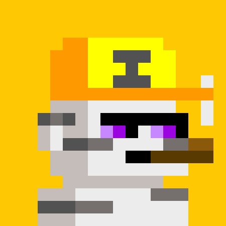 A pixel art illustration of a character with a yellow cap featuring a black symbol, purple eyes, and a cigarette, set against an orange background.