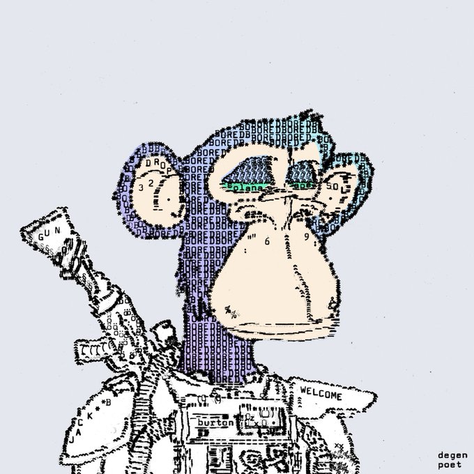 ASCII art illustration of a baboon or monkey holding a gun, created with text characters including 'DROP', 'BORE', 'Solana', and 'GUN' on a white background, signed 'degen poet'.